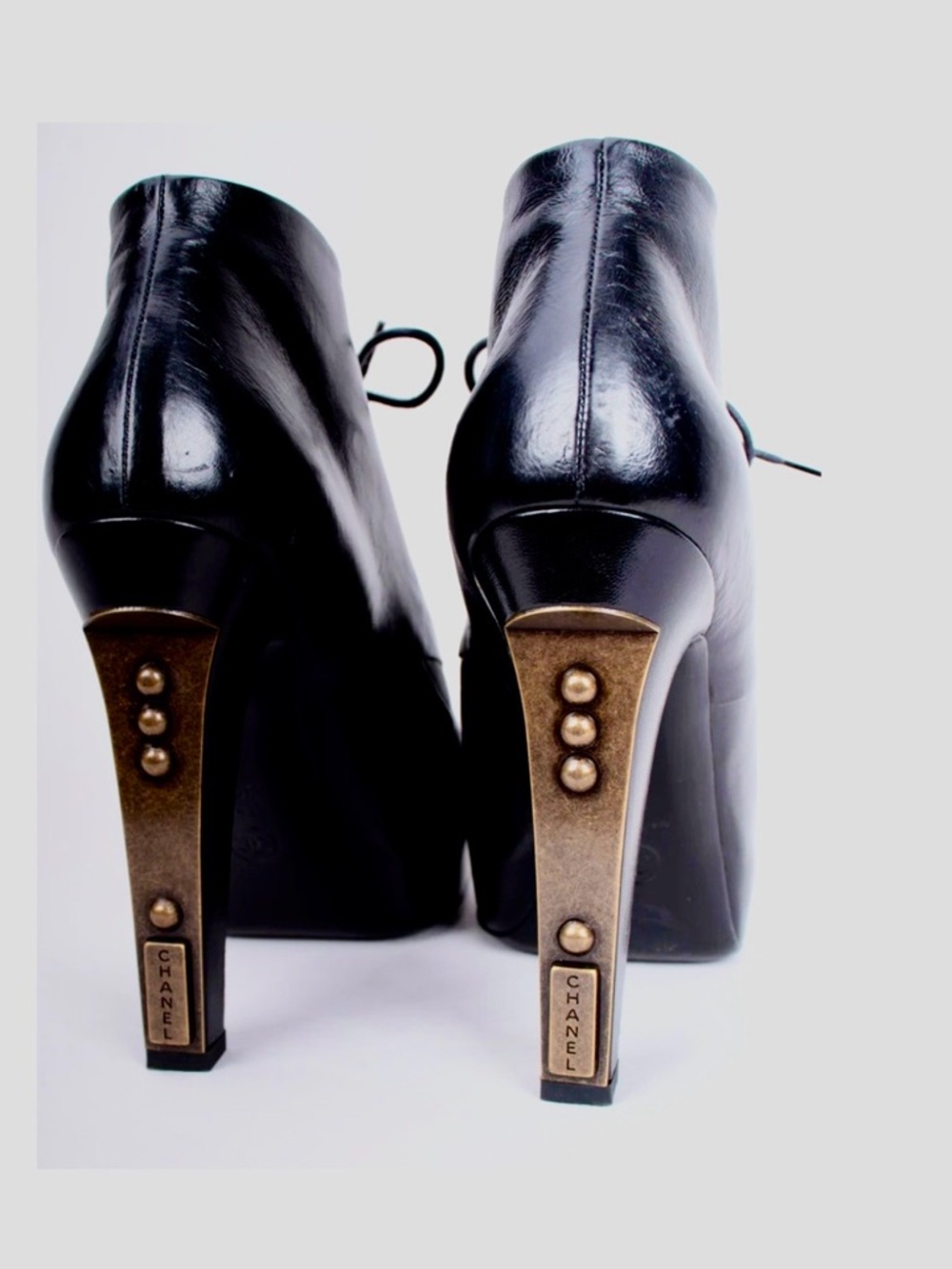 CHANEL Black Leather Logo Heel Lace-Up Platform Ankle Boots - Picture 14 of 15